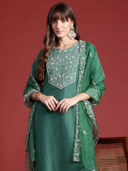 Indo Era Green Embroidered Straight Kurta Trousers With Dupatta set