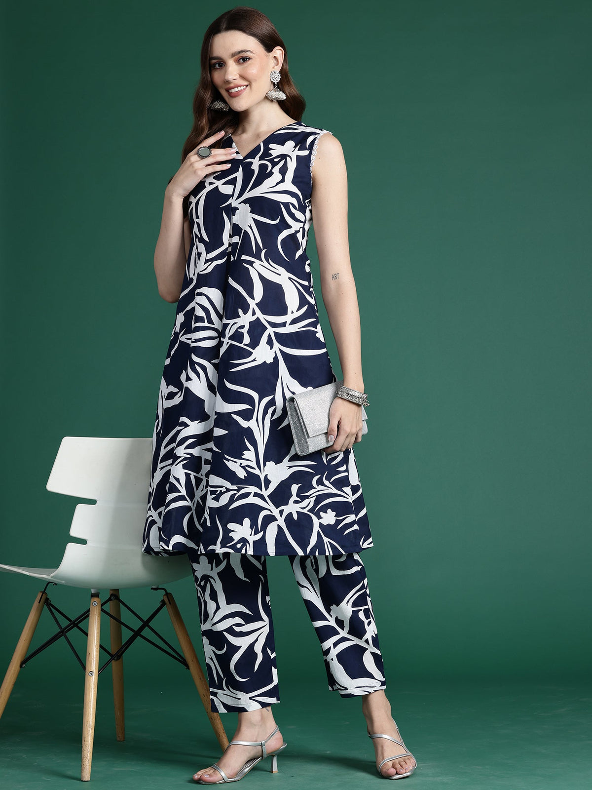 Indo Era Blue Printed A-Line Kurta Trousers set