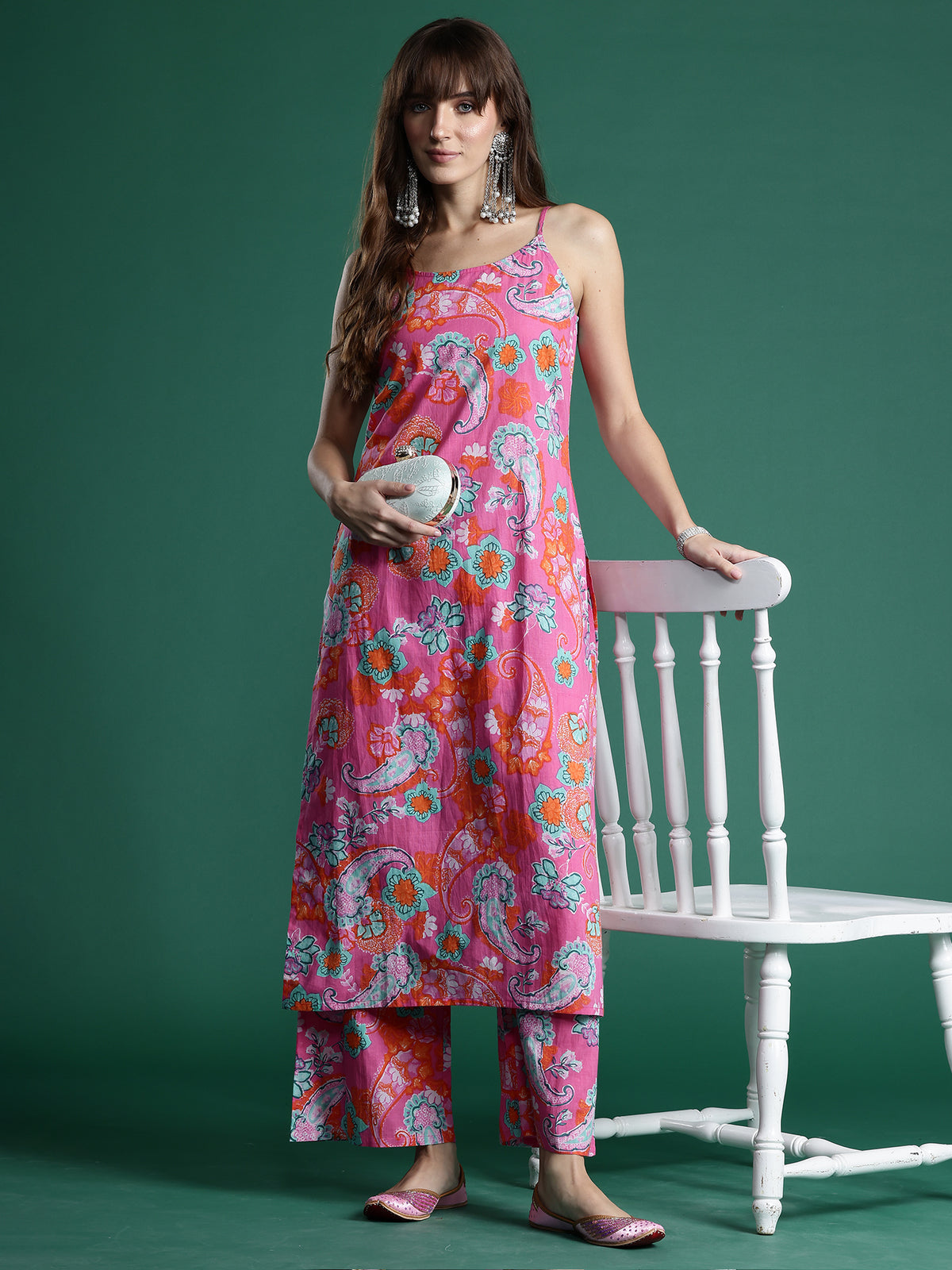 Indo Era Pink Printed Straight Kurta Palazzos set