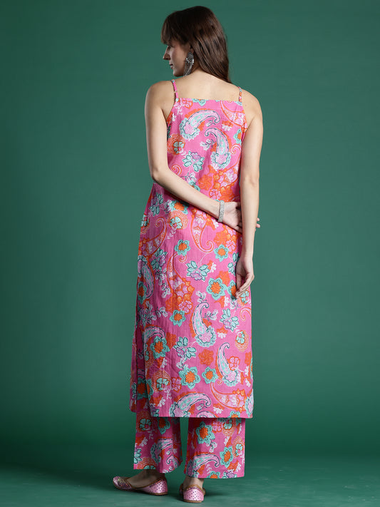 Indo Era Pink Printed Straight Kurta Palazzos set