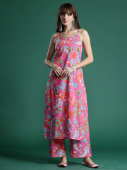 Indo Era Pink Printed Straight Kurta Palazzos set