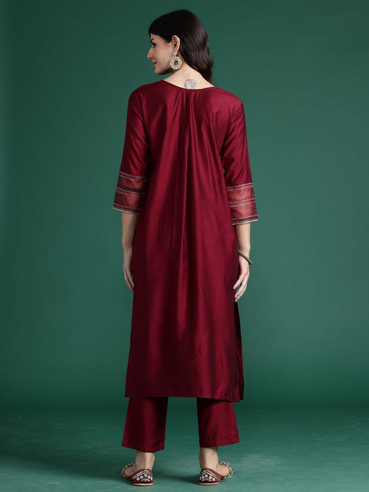 Indo Era Burgundy Self Design Straight Kurta Trousers  Set