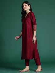 Indo Era Burgundy Self Design Straight Kurta Trousers  Set