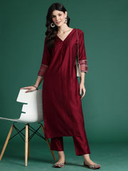 Indo Era Burgundy Self Design Straight Kurta Trousers  Set