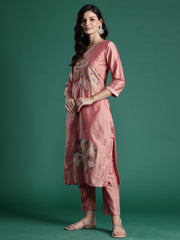 Indo Era Peach Embroidered Straight Kurta Trousers set