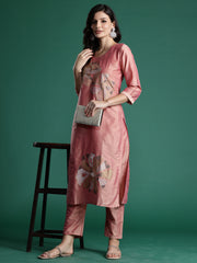 Indo Era Peach Embroidered Straight Kurta Trousers set