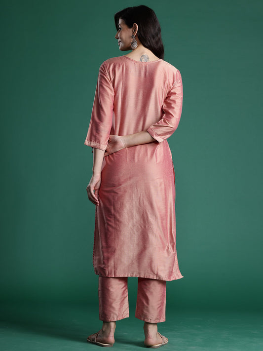 Indo Era Peach Embroidered Straight Kurta Trousers set