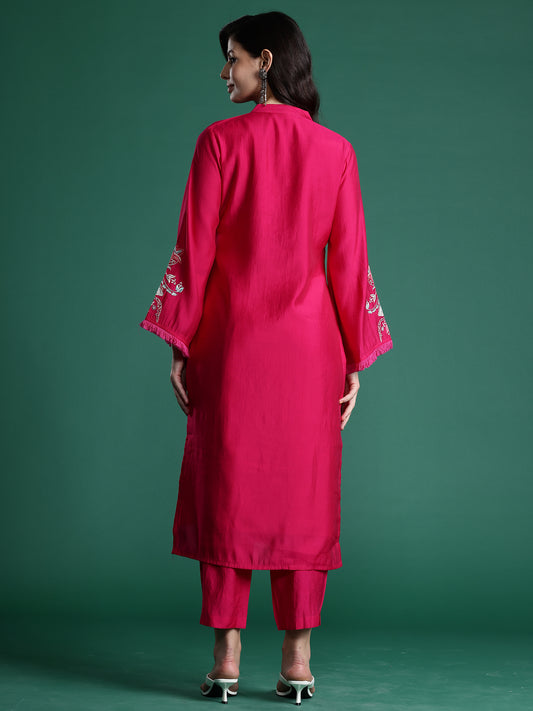 Indo Era Pink Self Design Straight Kurta Trousers  set