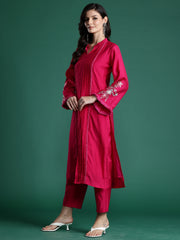 Indo Era Pink Self Design Straight Kurta Trousers  set