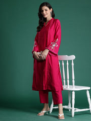 Indo Era Pink Self Design Straight Kurta Trousers  set