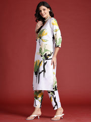 Indo Era White Printed Straight Kurta Trousers  set