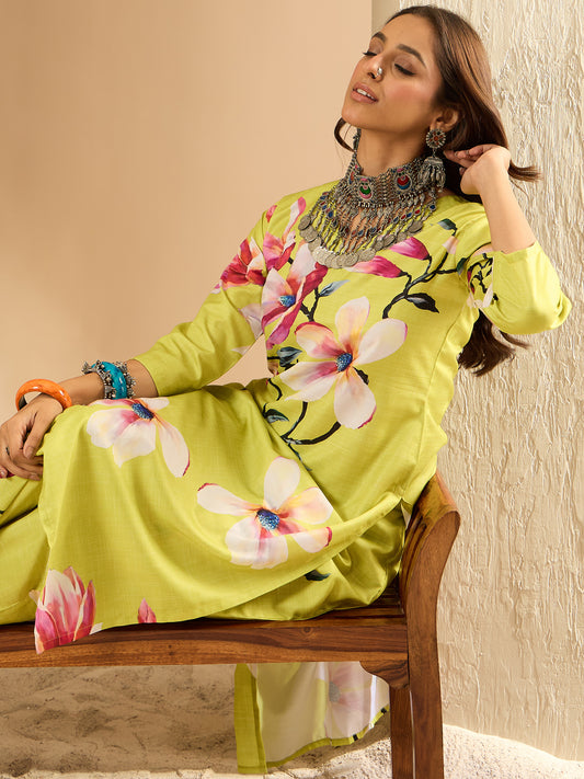 Indo Era Olive Printed Straight Kurta Trousers  Set