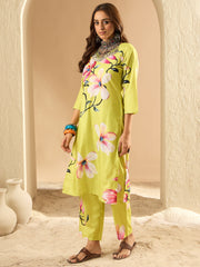 Indo Era Olive Printed Straight Kurta Trousers  Set