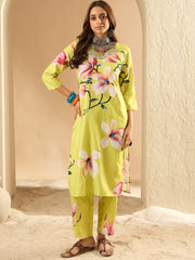 Indo Era Olive Printed Straight Kurta Trousers  Set