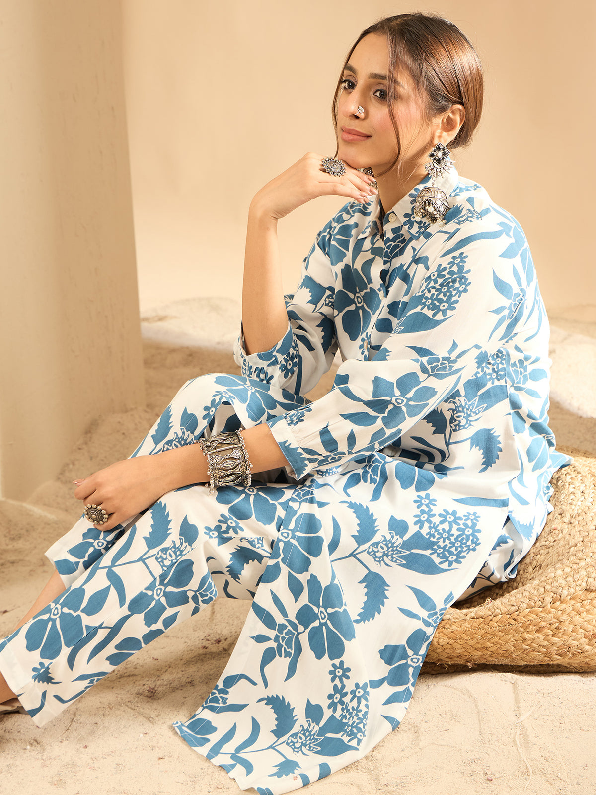 Indo Era White Printed Straight Kurta Trousers  set