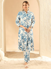 Indo Era White Printed Straight Kurta Trousers  set