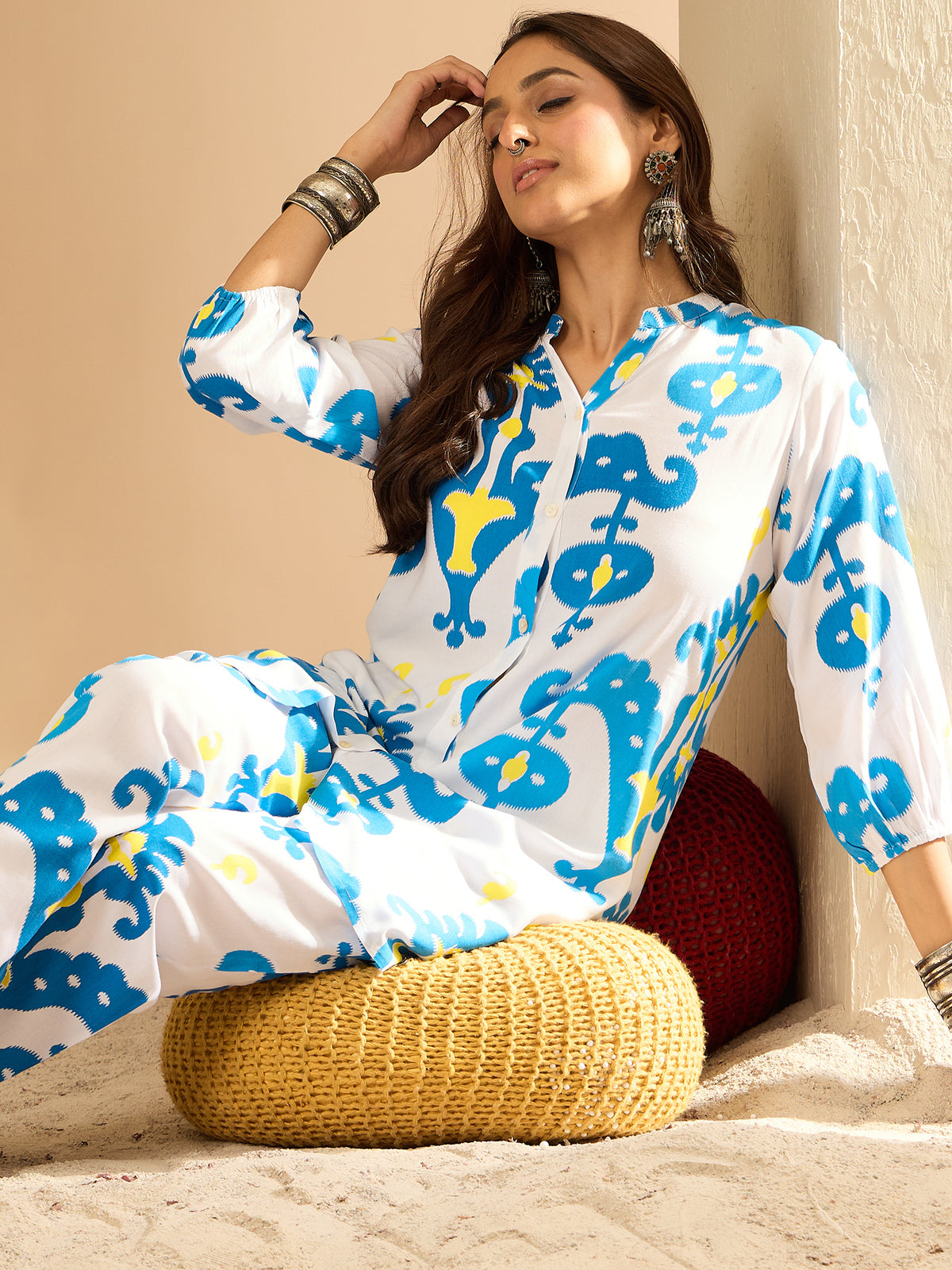 Indo Era White Printed Straight Kurta Trousers  set