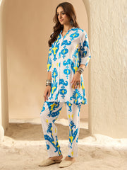 Indo Era White Printed Straight Kurta Trousers  set