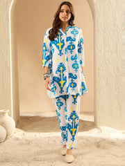 Indo Era White Printed Straight Kurta Trousers  set