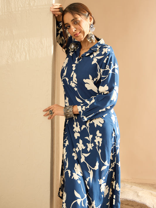 Indo Era Blue Printed Straight Kurta Trousers  set