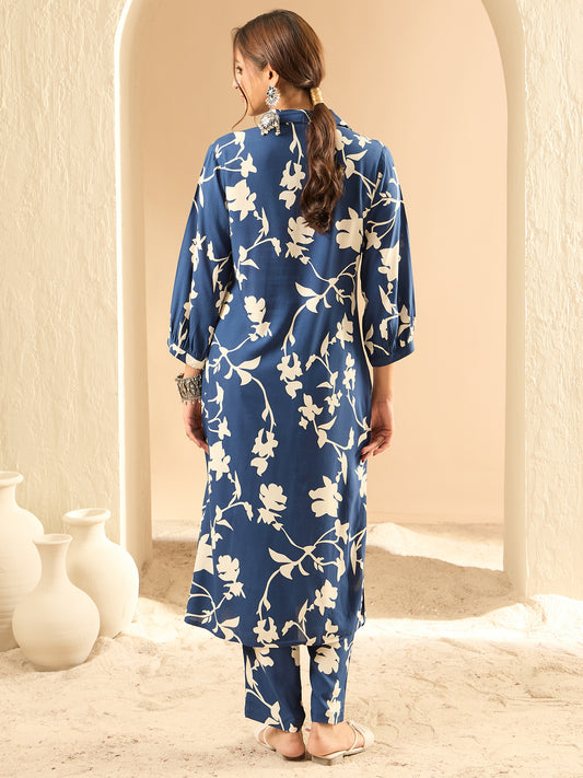 Indo Era Blue Printed Straight Kurta Trousers  set