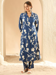 Indo Era Blue Printed Straight Kurta Trousers  set