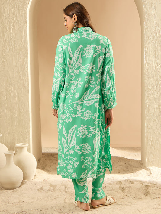 Indo Era Green Printed Straight Kurta Trousers  set