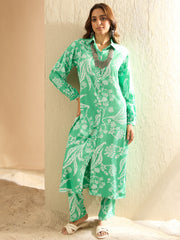 Indo Era Green Printed Straight Kurta Trousers  set