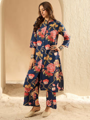 Indo Era Blue Printed Straight Kurta Palazzos Set