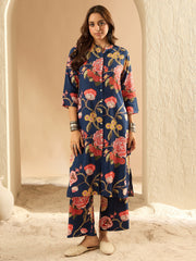 Indo Era Blue Printed Straight Kurta Palazzos Set