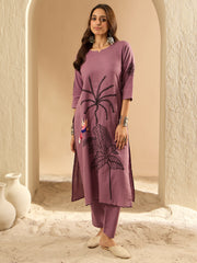 Indo Era Burgundy Embroidered Straight Kurta Trousers Set