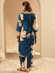 Indo Era Teal Printed Straight Kurta Trousers  Set