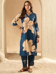 Indo Era Teal Printed Straight Kurta Trousers  Set