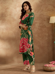 Indo Era Green Printed Straight Kurta Trousers  Set