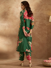 Indo Era Green Printed Straight Kurta Trousers  Set