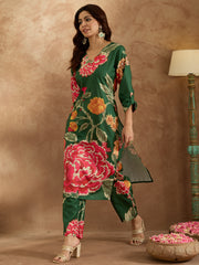 Indo Era Green Printed Straight Kurta Trousers  Set