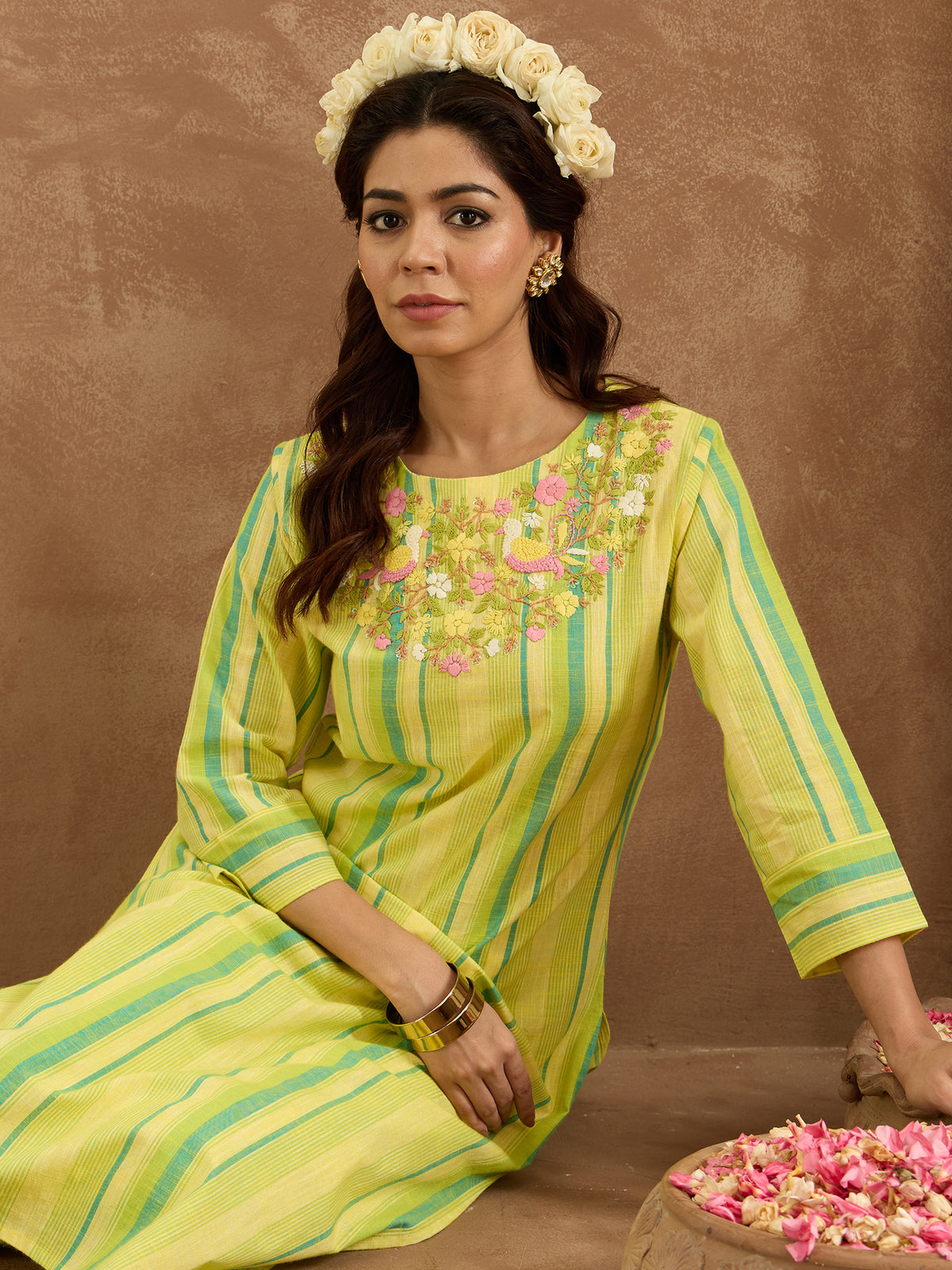 Indo Era Yellow Embroidered Straight Kurta Trousers  Set