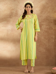 Indo Era Yellow Embroidered Straight Kurta Trousers  Set