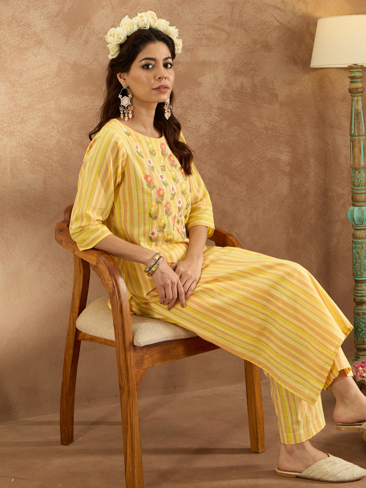 Indo Era Mustard Embroidered Straight Kurta Trousers  Set