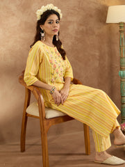 Indo Era Mustard Embroidered Straight Kurta Trousers  Set