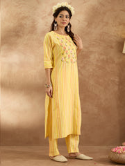 Indo Era Mustard Embroidered Straight Kurta Trousers  Set