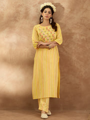 Indo Era Mustard Embroidered Straight Kurta Trousers  Set