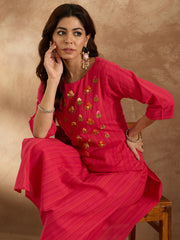 Indo Era Pink Embroidered Straight Kurta Trousers  Set