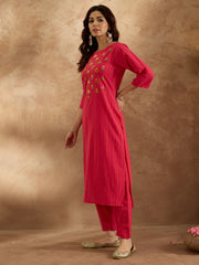 Indo Era Pink Embroidered Straight Kurta Trousers  Set