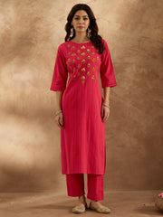 Indo Era Pink Embroidered Straight Kurta Trousers  Set