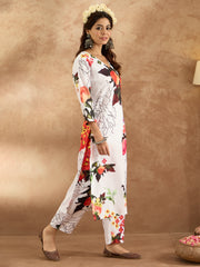 Indo Era White Printed Straight Kurta Trousers  Set