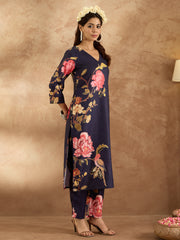 Indo Era Navy Blue Printed Straight Kurta Trousers  Set