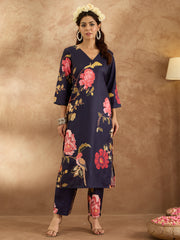 Indo Era Navy Blue Printed Straight Kurta Trousers  Set