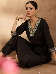 Indo Era Black Embroidered Straight Kurta Trousers  Set