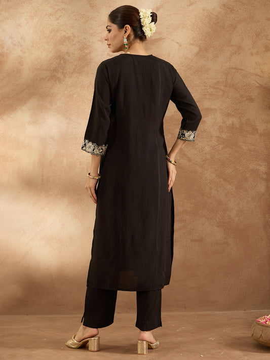 Indo Era Black Embroidered Straight Kurta Trousers  Set